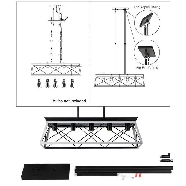Alt view image 6 of 7 - 32" Black White industrial 5-Light Pendant Chandelier, Modern Metal Cage Design, Adjustable Hanging Light for Dining Room, Kitchen, Living Room (No Bulbs)