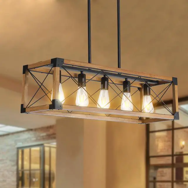 Alt view image 2 of 7 - 32" Walnut industrial Farmhouse Rectangle Pendant Light, 5-Light Chandelier for Dining Room, Kitchen Island, Cafe Decor (No Bulbs)