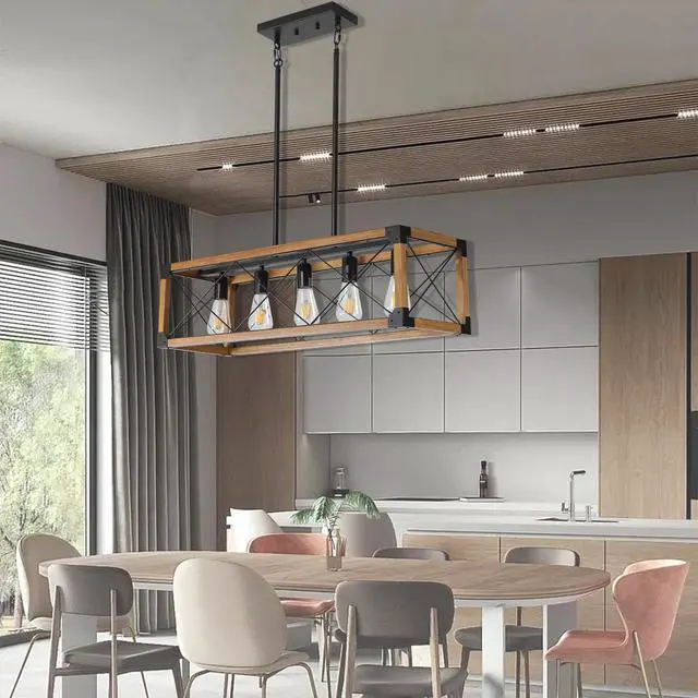 Alt view image 5 of 7 - 32" Walnut industrial Farmhouse Rectangle Pendant Light, 5-Light Chandelier for Dining Room, Kitchen Island, Cafe Decor (No Bulbs)