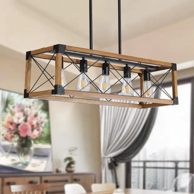 Alt view image 4 of 7 - 32" Walnut industrial Farmhouse Rectangle Pendant Light, 5-Light Chandelier for Dining Room, Kitchen Island, Cafe Decor (No Bulbs)