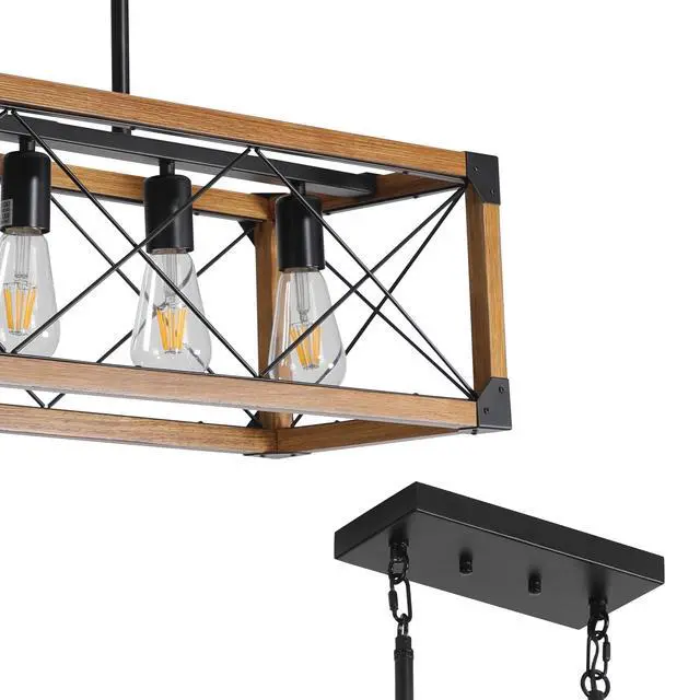 Alt view image 6 of 7 - 32" Walnut industrial Farmhouse Rectangle Pendant Light, 5-Light Chandelier for Dining Room, Kitchen Island, Cafe Decor (No Bulbs)