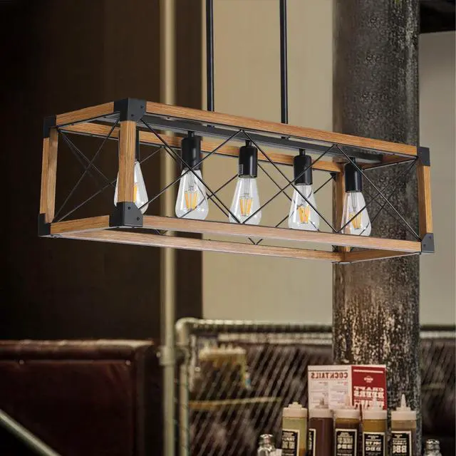 Alt view image 3 of 7 - 32" Walnut industrial Farmhouse Rectangle Pendant Light, 5-Light Chandelier for Dining Room, Kitchen Island, Cafe Decor (No Bulbs)