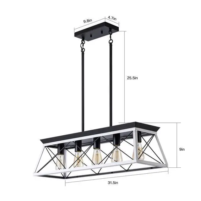 Alt view image 7 of 7 - 32" Black White industrial 5-Light Pendant Chandelier, Modern Metal Cage Design, Adjustable Hanging Light for Dining Room, Kitchen, Living Room (No Bulbs)