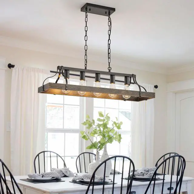 Alt view image 2 of 7 - 34-inch Black Gold Vintage Pendant Light, 5 E26 Bulb Sockets, Adjustable Chain Height Antique Style Chandelier for Dining Room, Kitchen, Or Living Room (Bulb Not included)