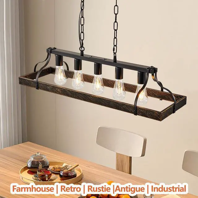 Alt view image 5 of 7 - 34-inch Black Gold Vintage Pendant Light, 5 E26 Bulb Sockets, Adjustable Chain Height Antique Style Chandelier for Dining Room, Kitchen, Or Living Room (Bulb Not included)