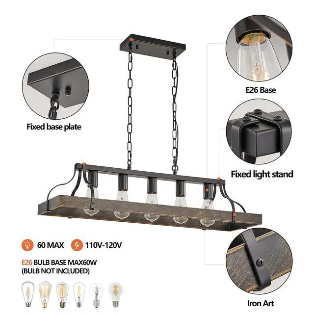 Alt view image 7 of 7 - 34-inch Black Gold Vintage Pendant Light, 5 E26 Bulb Sockets, Adjustable Chain Height Antique Style Chandelier for Dining Room, Kitchen, Or Living Room (Bulb Not included)