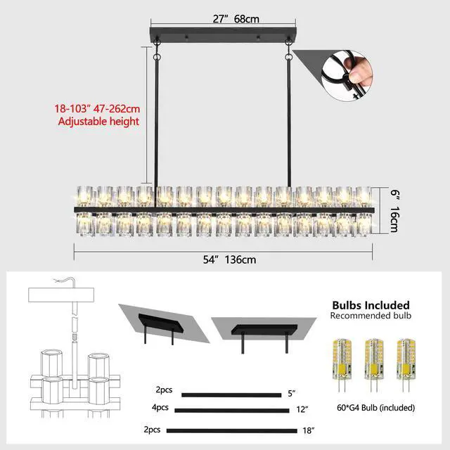 Alt view image 6 of 7 - Rectangular Luxurious Crystal Chandelier for Living Room & Dining Room, Black Frame with K9 Crystals