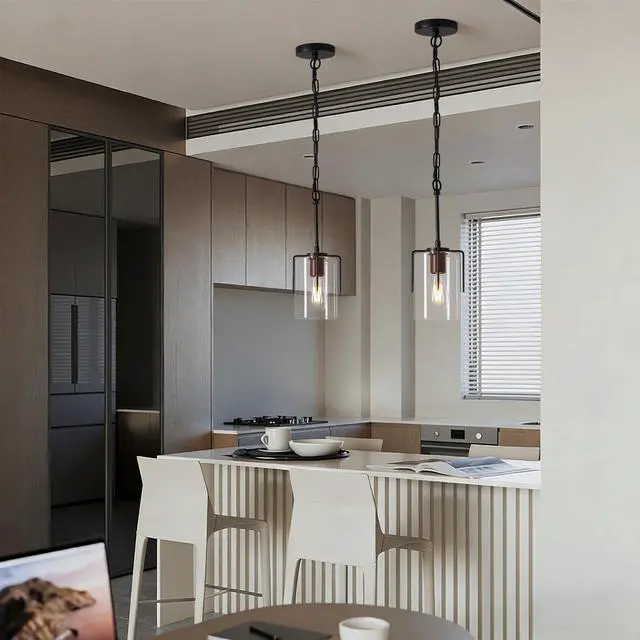 Alt view image 6 of 7 - Modern industrial Pendant Light with Clear Glass Shade, Adjustable Metal Pendant Lighting for Kitchen Island Dining Room Entryway, Easy Clean Glare-Free Home Light Fixture