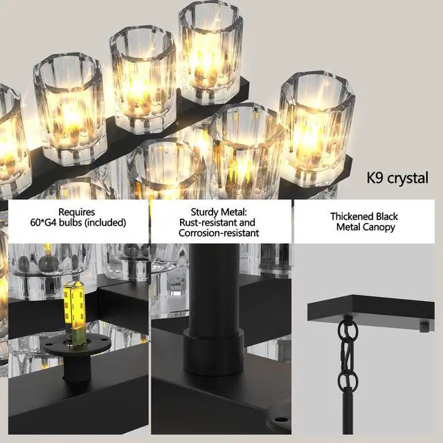 Alt view image 5 of 7 - Rectangular Luxurious Crystal Chandelier for Living Room & Dining Room, Black Frame with K9 Crystals
