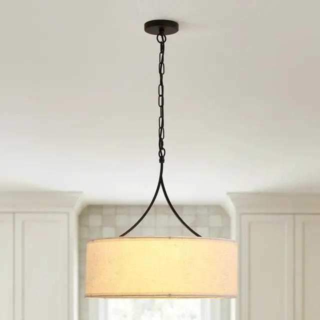 Alt view image 2 of 7 - Modern 3-Light Fabric Pendant Light, Black Adjustable Drum Chandelier, Matte Black Fabric Shade Ceiling Light Fixture for Dining Room Living Room Bedroom