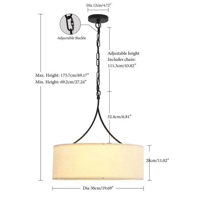 Alt view image 3 of 7 - Modern 3-Light Fabric Pendant Light, Black Adjustable Drum Chandelier, Matte Black Fabric Shade Ceiling Light Fixture for Dining Room Living Room Bedroom