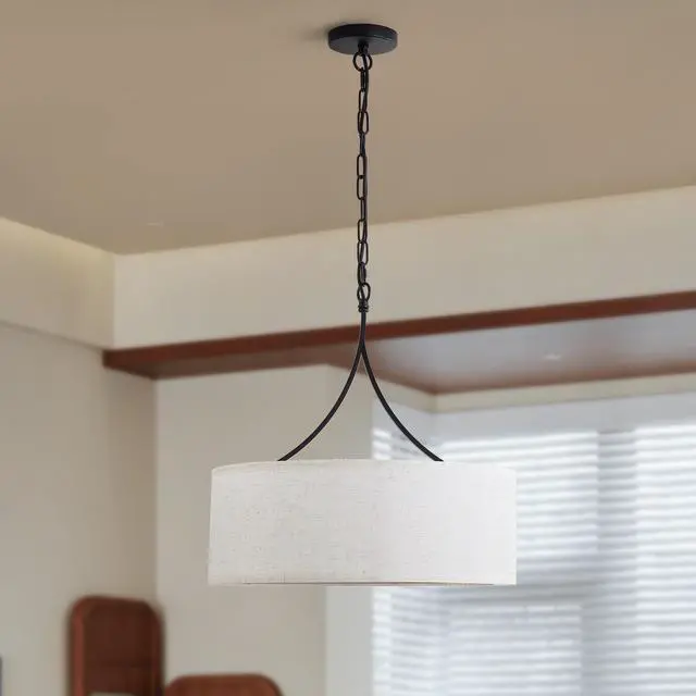 Alt view image 5 of 7 - Modern 3-Light Fabric Pendant Light, Black Adjustable Drum Chandelier, Matte Black Fabric Shade Ceiling Light Fixture for Dining Room Living Room Bedroom