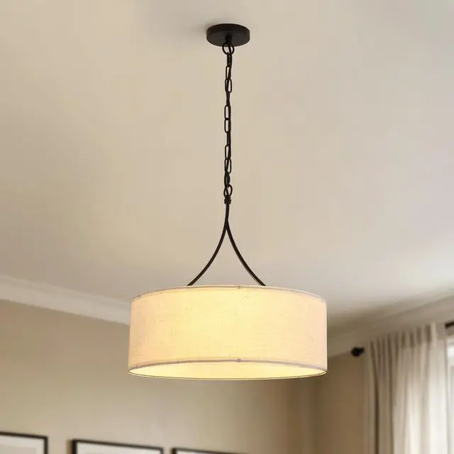 Alt view image 4 of 7 - Modern 3-Light Fabric Pendant Light, Black Adjustable Drum Chandelier, Matte Black Fabric Shade Ceiling Light Fixture for Dining Room Living Room Bedroom