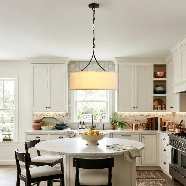 Alt view image 6 of 7 - Modern 3-Light Fabric Pendant Light, Black Adjustable Drum Chandelier, Matte Black Fabric Shade Ceiling Light Fixture for Dining Room Living Room Bedroom