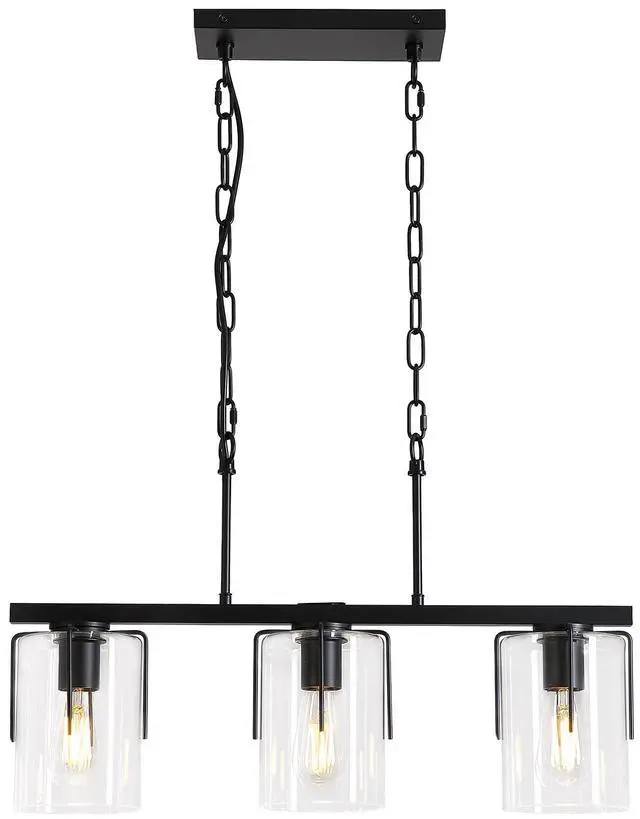 Main image of 3-Light Matte Black Linear Pendant Light, industrial Kitchen Island Lighting with Clear Glass Shades, Adjustable Chain Chandelier for Dining Room, Living Room & Entryway
