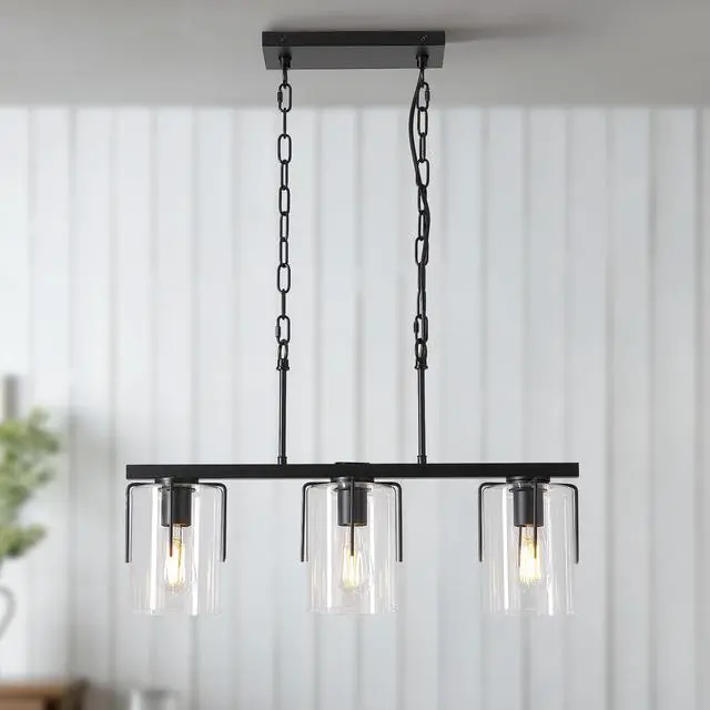 Alt view image 2 of 7 - 3-Light Matte Black Linear Pendant Light, industrial Kitchen Island Lighting with Clear Glass Shades, Adjustable Chain Chandelier for Dining Room, Living Room & Entryway
