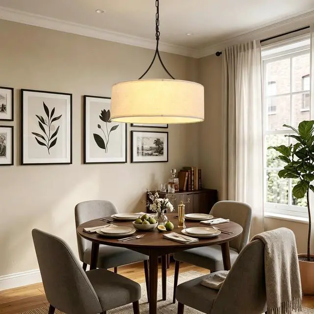 Alt view image 7 of 7 - Modern 3-Light Fabric Pendant Light, Black Adjustable Drum Chandelier, Matte Black Fabric Shade Ceiling Light Fixture for Dining Room Living Room Bedroom