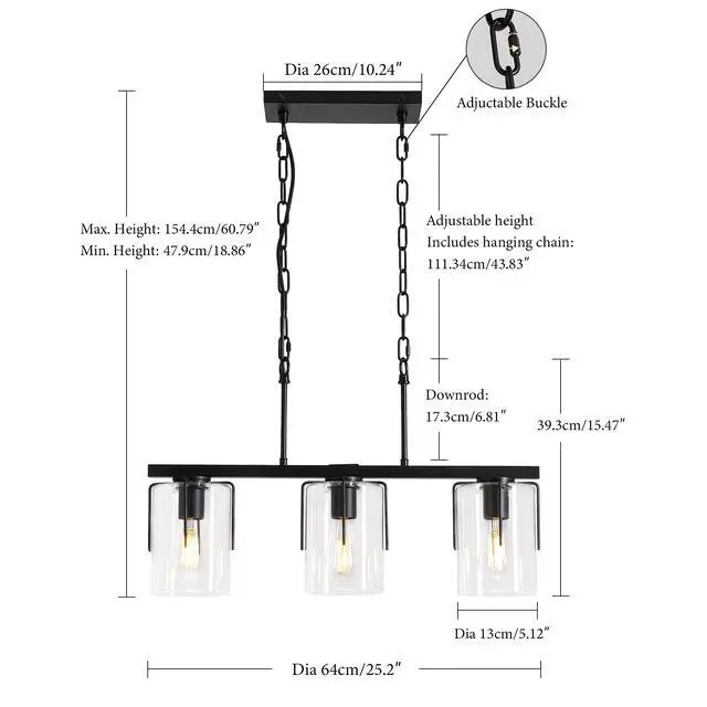 Alt view image 3 of 7 - 3-Light Matte Black Linear Pendant Light, industrial Kitchen Island Lighting with Clear Glass Shades, Adjustable Chain Chandelier for Dining Room, Living Room & Entryway