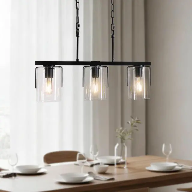 Alt view image 5 of 7 - 3-Light Matte Black Linear Pendant Light, industrial Kitchen Island Lighting with Clear Glass Shades, Adjustable Chain Chandelier for Dining Room, Living Room & Entryway