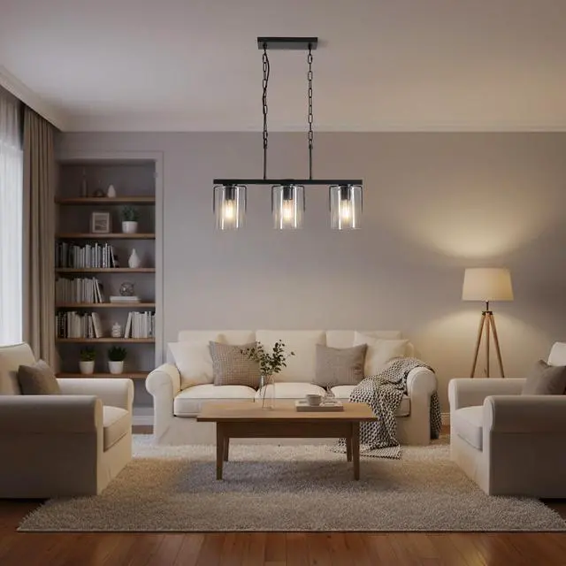 Alt view image 7 of 7 - 3-Light Matte Black Linear Pendant Light, industrial Kitchen Island Lighting with Clear Glass Shades, Adjustable Chain Chandelier for Dining Room, Living Room & Entryway