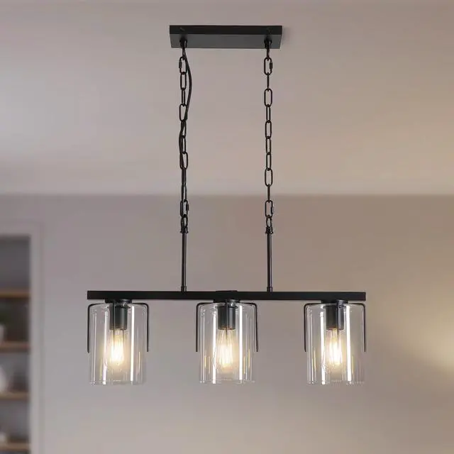 Alt view image 4 of 7 - 3-Light Matte Black Linear Pendant Light, industrial Kitchen Island Lighting with Clear Glass Shades, Adjustable Chain Chandelier for Dining Room, Living Room & Entryway