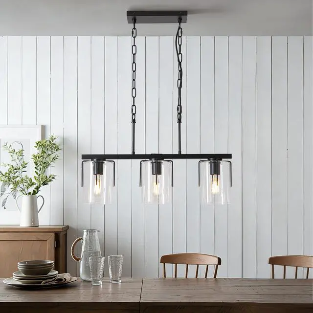 Alt view image 6 of 7 - 3-Light Matte Black Linear Pendant Light, industrial Kitchen Island Lighting with Clear Glass Shades, Adjustable Chain Chandelier for Dining Room, Living Room & Entryway