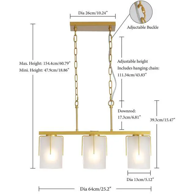 Alt view image 3 of 7 - Modern Gold 3-Light Linear Chandelier, E26 Base, Adjustable Height Pendant Light with Milky White Frosted Glass Shades, industrial Kitchen Island Lighting for Dining Room, Hallway, Entryway (Bulbs Not