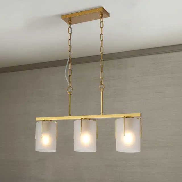 Alt view image 2 of 7 - Modern Gold 3-Light Linear Chandelier, E26 Base, Adjustable Height Pendant Light with Milky White Frosted Glass Shades, industrial Kitchen Island Lighting for Dining Room, Hallway, Entryway (Bulbs Not