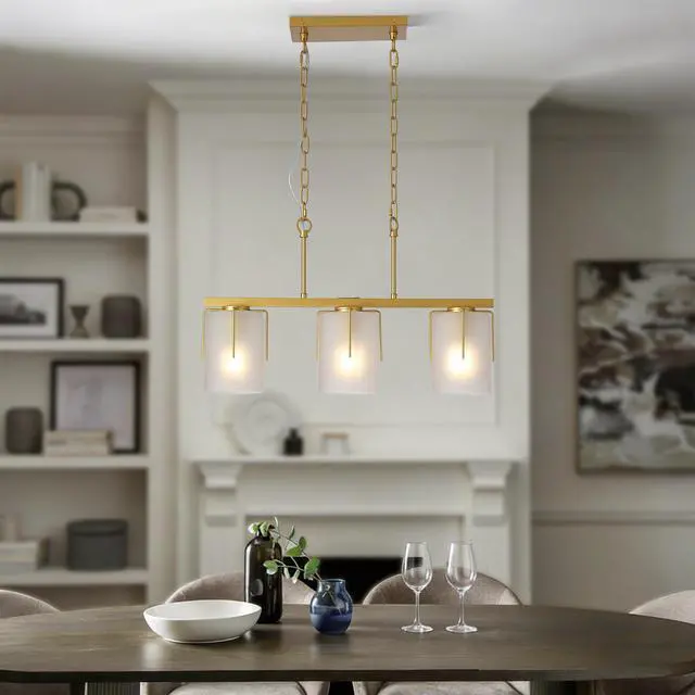 Alt view image 5 of 7 - Modern Gold 3-Light Linear Chandelier, E26 Base, Adjustable Height Pendant Light with Milky White Frosted Glass Shades, industrial Kitchen Island Lighting for Dining Room, Hallway, Entryway (Bulbs Not