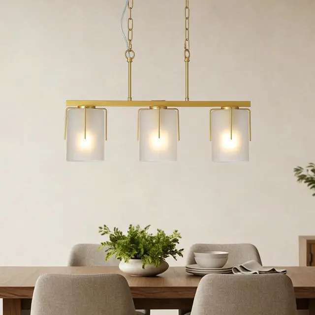 Alt view image 4 of 7 - Modern Gold 3-Light Linear Chandelier, E26 Base, Adjustable Height Pendant Light with Milky White Frosted Glass Shades, industrial Kitchen Island Lighting for Dining Room, Hallway, Entryway (Bulbs Not