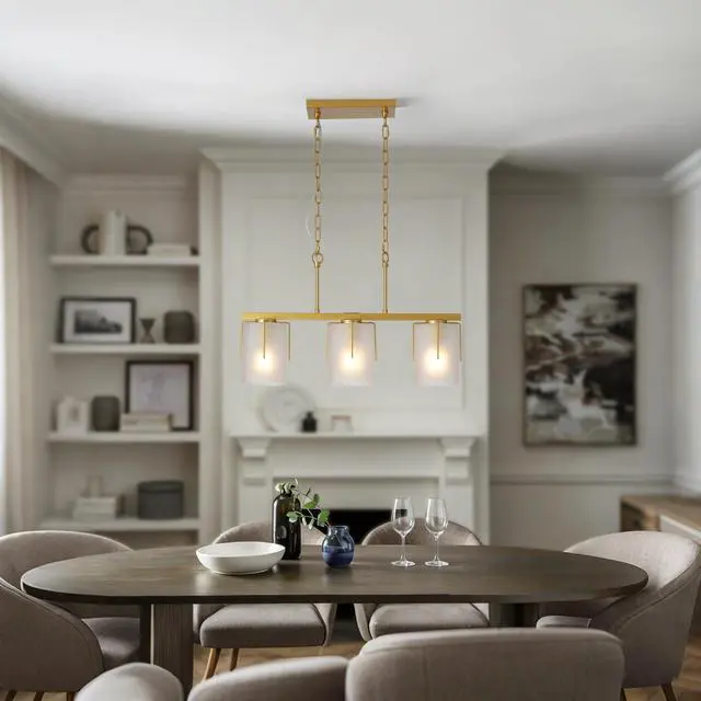 Alt view image 7 of 7 - Modern Gold 3-Light Linear Chandelier, E26 Base, Adjustable Height Pendant Light with Milky White Frosted Glass Shades, industrial Kitchen Island Lighting for Dining Room, Hallway, Entryway (Bulbs Not