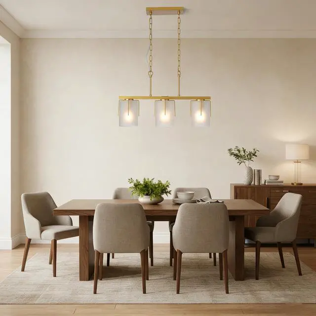 Alt view image 6 of 7 - Modern Gold 3-Light Linear Chandelier, E26 Base, Adjustable Height Pendant Light with Milky White Frosted Glass Shades, industrial Kitchen Island Lighting for Dining Room, Hallway, Entryway (Bulbs Not