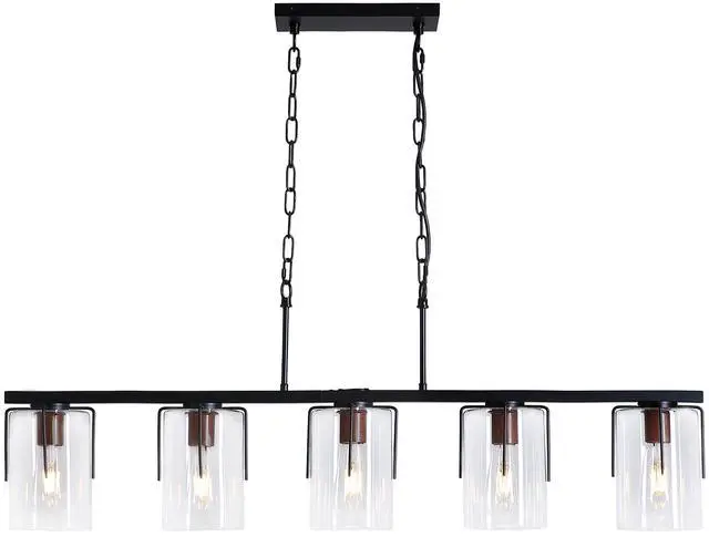 Main image of 5-Light Linear Chandelier, industrial Kitchen Island Lighting with Adjustable Height, Clear Glass Shades & Wood Grain Accent, E26 Base, Modern Farmhouse Dining Room Light Fixture for Living Room