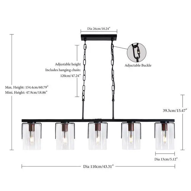 Alt view image 3 of 7 - 5-Light Linear Chandelier, industrial Kitchen Island Lighting with Adjustable Height, Clear Glass Shades & Wood Grain Accent, E26 Base, Modern Farmhouse Dining Room Light Fixture for Living Room