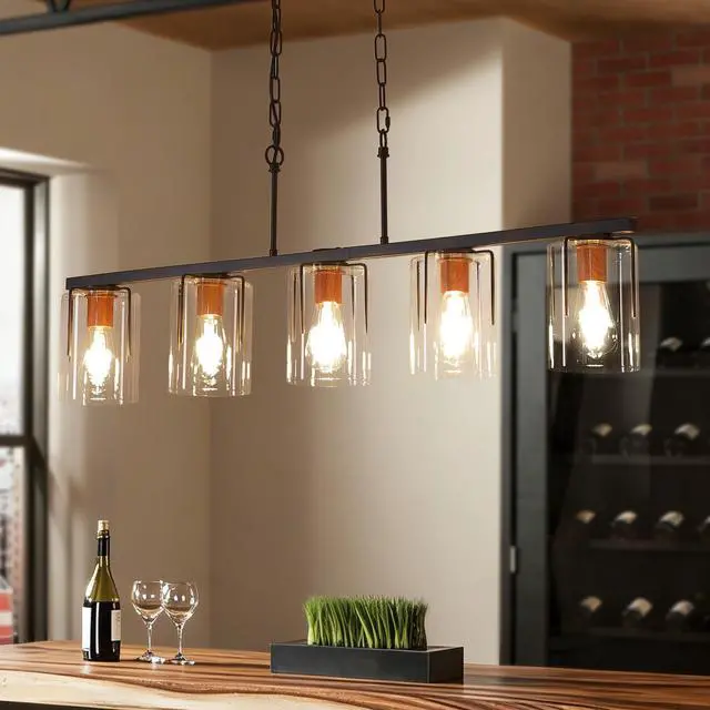 Alt view image 2 of 7 - 5-Light Linear Chandelier, industrial Kitchen Island Lighting with Adjustable Height, Clear Glass Shades & Wood Grain Accent, E26 Base, Modern Farmhouse Dining Room Light Fixture for Living Room
