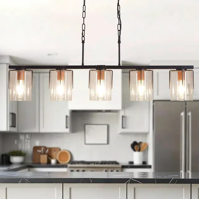 Alt view image 5 of 7 - 5-Light Linear Chandelier, industrial Kitchen Island Lighting with Adjustable Height, Clear Glass Shades & Wood Grain Accent, E26 Base, Modern Farmhouse Dining Room Light Fixture for Living Room