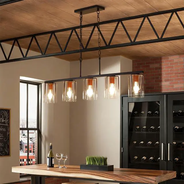 Alt view image 4 of 7 - 5-Light Linear Chandelier, industrial Kitchen Island Lighting with Adjustable Height, Clear Glass Shades & Wood Grain Accent, E26 Base, Modern Farmhouse Dining Room Light Fixture for Living Room