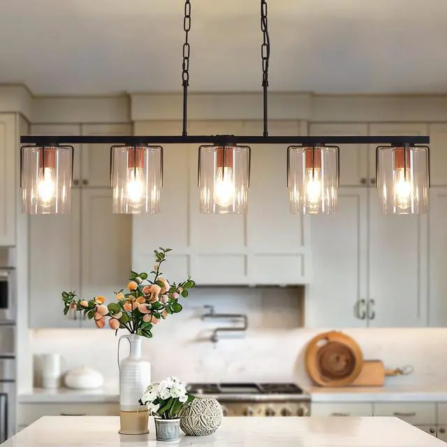 Alt view image 7 of 7 - 5-Light Linear Chandelier, industrial Kitchen Island Lighting with Adjustable Height, Clear Glass Shades & Wood Grain Accent, E26 Base, Modern Farmhouse Dining Room Light Fixture for Living Room