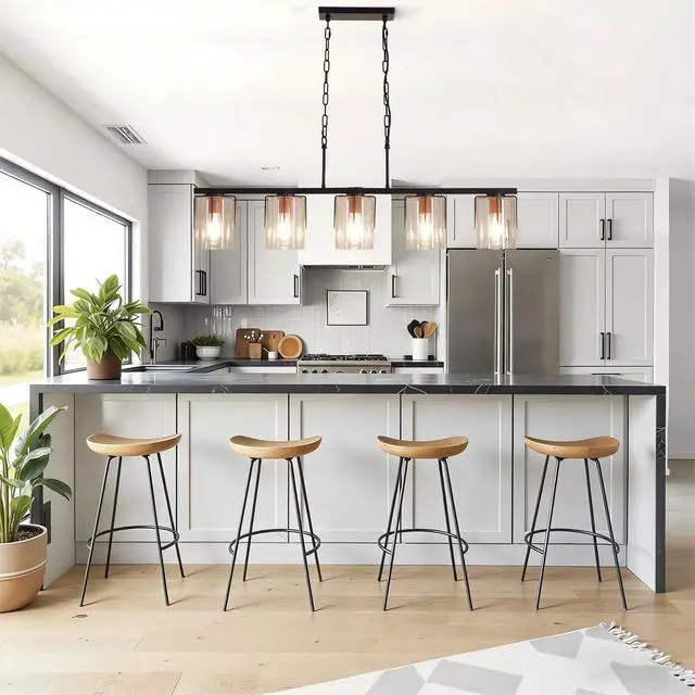 Alt view image 6 of 7 - 5-Light Linear Chandelier, industrial Kitchen Island Lighting with Adjustable Height, Clear Glass Shades & Wood Grain Accent, E26 Base, Modern Farmhouse Dining Room Light Fixture for Living Room