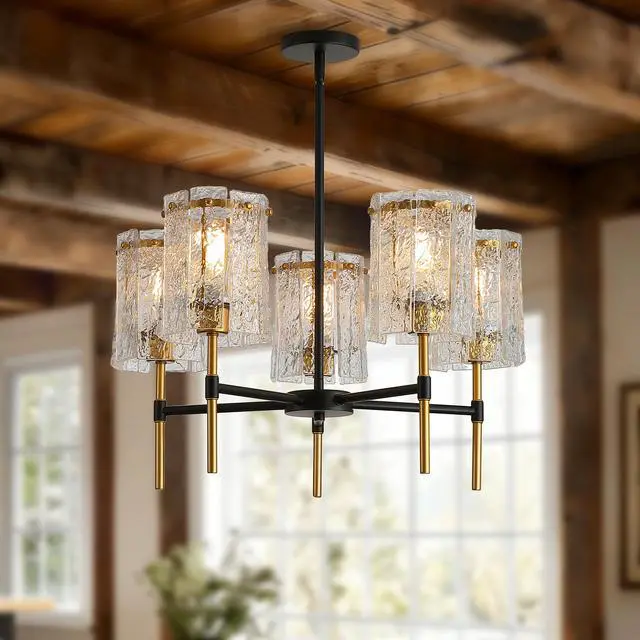 Alt view image 2 of 7 - Modern 5-Light Black and Gold Chandelier, Textured Glass Pendant Light with Electroplated Gold Finish for Living Room Dining Room Not including The Bulb