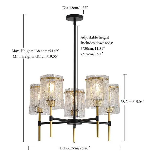 Alt view image 3 of 7 - Modern 5-Light Black and Gold Chandelier, Textured Glass Pendant Light with Electroplated Gold Finish for Living Room Dining Room Not including The Bulb