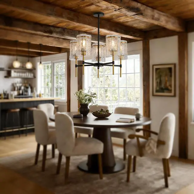 Alt view image 4 of 7 - Modern 5-Light Black and Gold Chandelier, Textured Glass Pendant Light with Electroplated Gold Finish for Living Room Dining Room Not including The Bulb