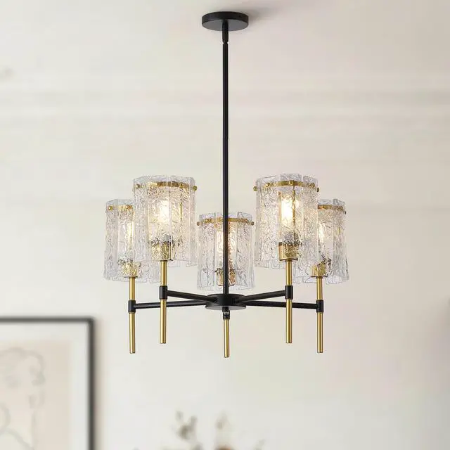 Alt view image 5 of 7 - Modern 5-Light Black and Gold Chandelier, Textured Glass Pendant Light with Electroplated Gold Finish for Living Room Dining Room Not including The Bulb