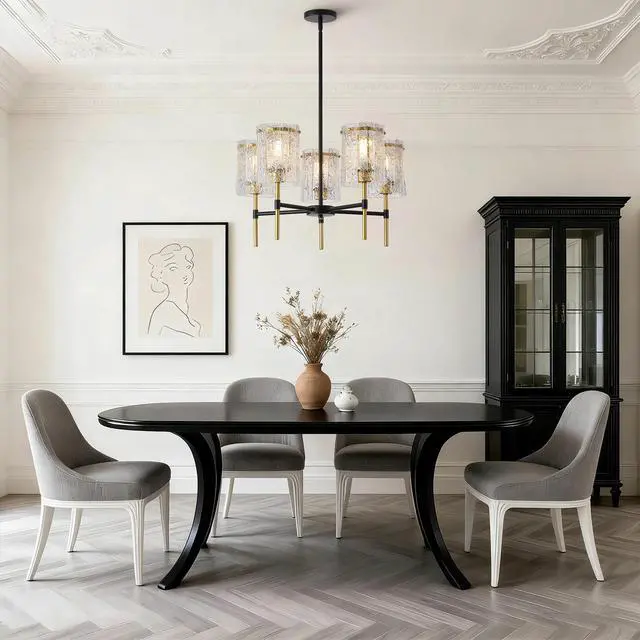 Alt view image 6 of 7 - Modern 5-Light Black and Gold Chandelier, Textured Glass Pendant Light with Electroplated Gold Finish for Living Room Dining Room Not including The Bulb