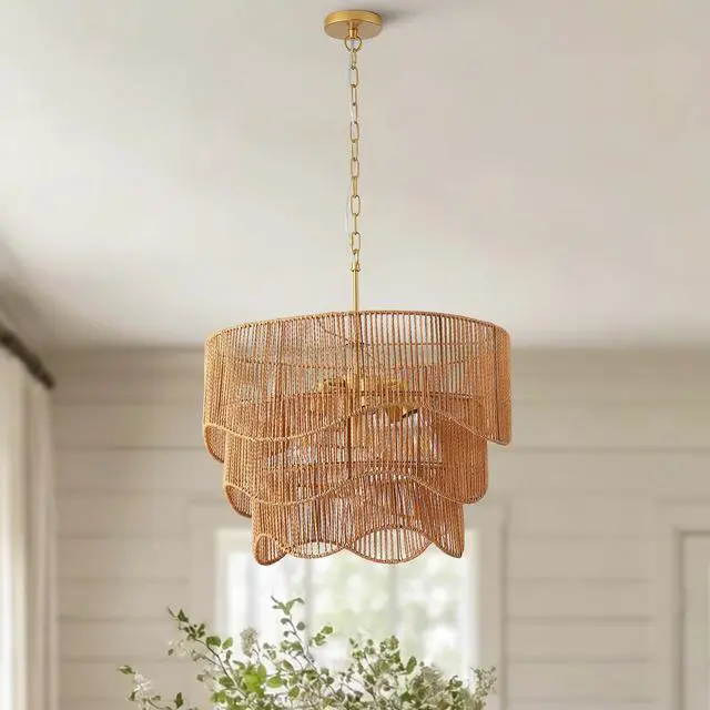 Alt view image 2 of 7 - Handwoven Paper Rattan Boho Chandelier with 7-Light E26 Base, 60Cm Adjustable Height Wave Pendant Light for Living Room, Sloped Ceiling Compatible, Sturdy Metal Hardware, Warm Glow for Dining Room