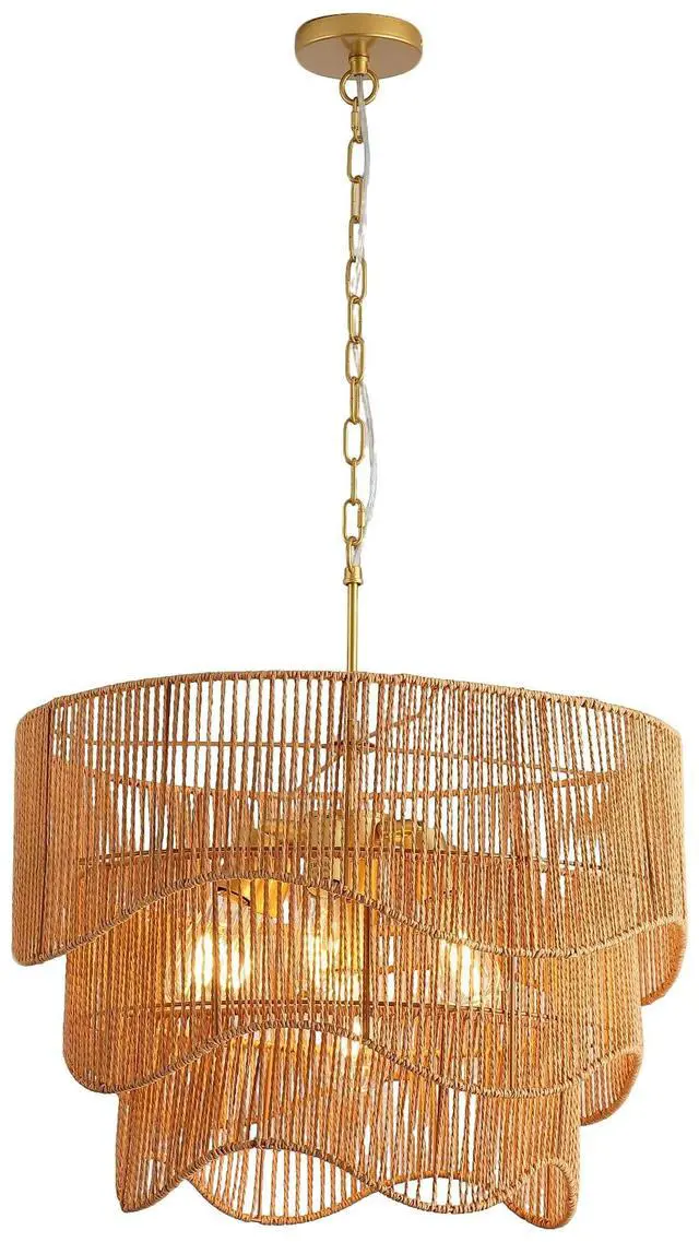 Main image of Handwoven Paper Rattan Boho Chandelier with 7-Light E26 Base, 60Cm Adjustable Height Wave Pendant Light for Living Room, Sloped Ceiling Compatible, Sturdy Metal Hardware, Warm Glow for Dining Room