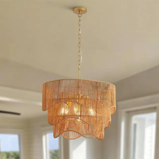 Alt view image 4 of 7 - Handwoven Paper Rattan Boho Chandelier with 7-Light E26 Base, 60Cm Adjustable Height Wave Pendant Light for Living Room, Sloped Ceiling Compatible, Sturdy Metal Hardware, Warm Glow for Dining Room