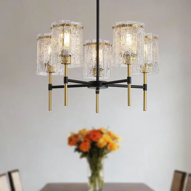 Alt view image 7 of 7 - Modern 5-Light Black and Gold Chandelier, Textured Glass Pendant Light with Electroplated Gold Finish for Living Room Dining Room Not including The Bulb