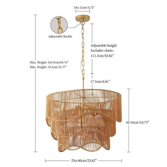 Alt view image 3 of 7 - Handwoven Paper Rattan Boho Chandelier with 7-Light E26 Base, 60Cm Adjustable Height Wave Pendant Light for Living Room, Sloped Ceiling Compatible, Sturdy Metal Hardware, Warm Glow for Dining Room