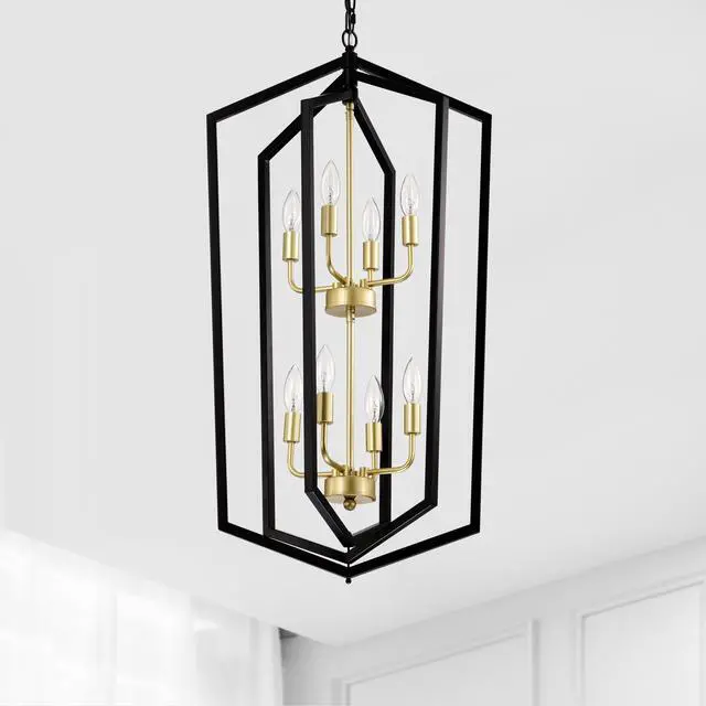 Alt view image 2 of 7 - 8-Light Lantern Tired Farmhouse Ceiling Hanging Light Black Chandelier Metal Modern Pendant Light Fixtures for Kitchen Island Dining Room Living Room Foyer Entryway(E12 Bulbs Not included)